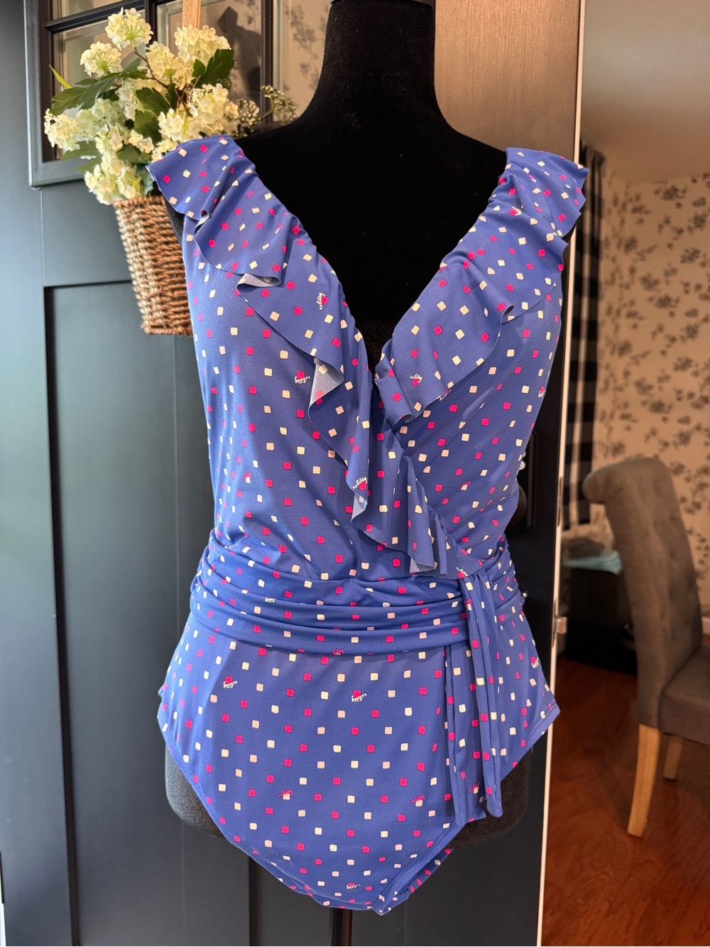 Lilly Pulitzer Delphie One-Piece Swimsuit in Borealis Blue Lilly Squared print